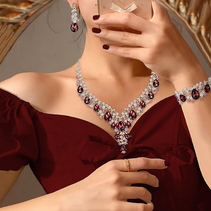 BriLove Women's Wedding Bridal Austrian Crystal Teardrop Flower Cluster Statement Necklace Dangle Earrings Jewelry Set for Party Prom