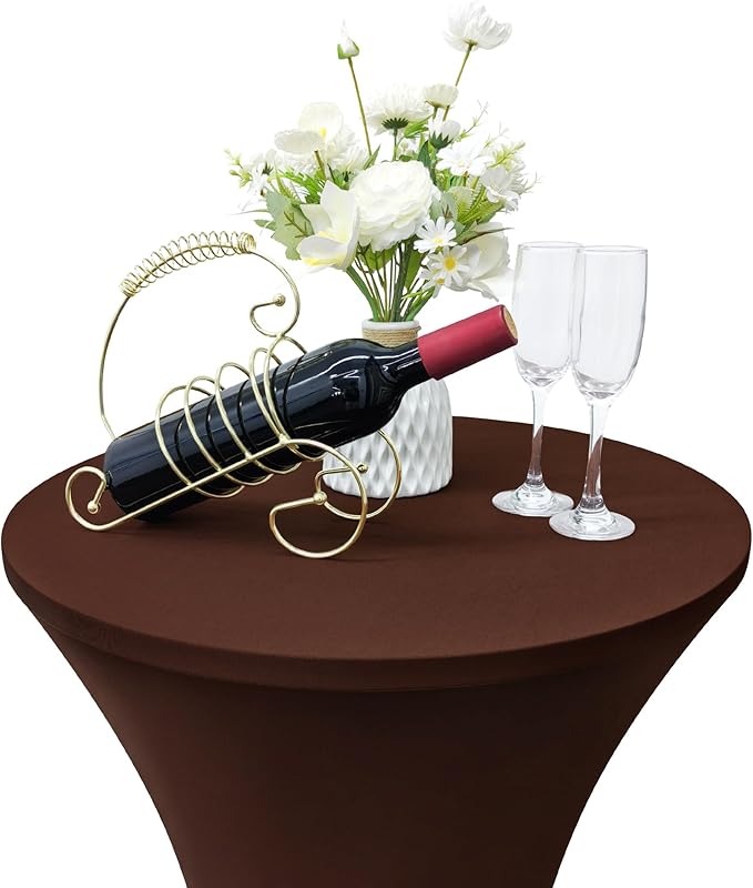 2PCS 24x43 Inch Round Fitted Cocktail Table Cover Brown Spandex Cocktail Table Cloth Highboy Fitted Tablecloth High Top Table Cloths for Party Pub Banquet Bistro
