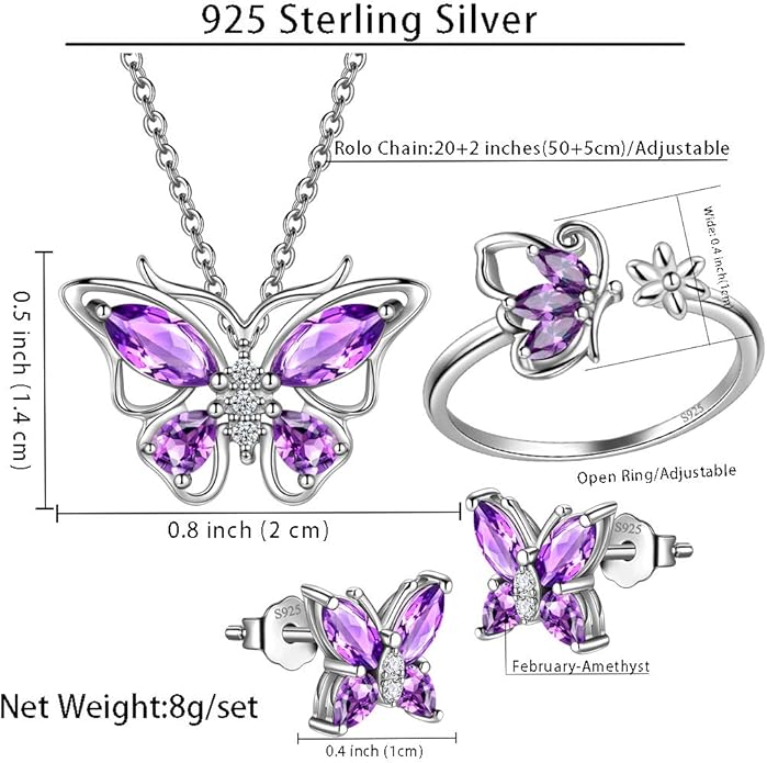 925 Sterling Silver Birthstone Butterfly Jewelry Women Crystal Animal Cute Butterflies Birthday Necklace/Earring/Ring/Bracelet Sets Birth Stone Statement Anniversary Jewellery
