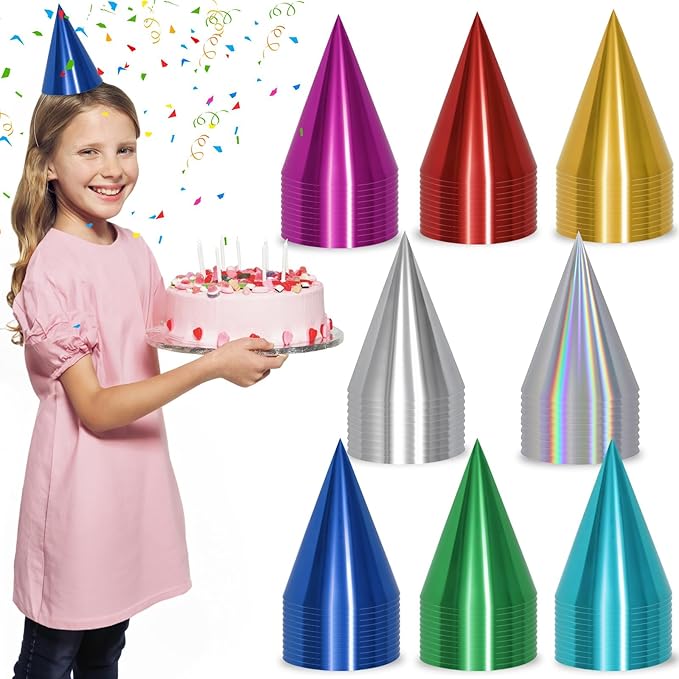 40/80 Pcs Metallic Cone Birthday Party Hats Bulk with Elastic String, 8 Colorful Celebration Headwear for Kids Adults