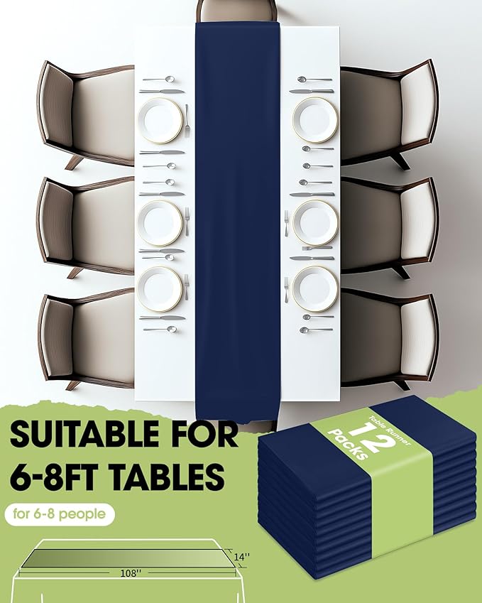 Pureegg Navy Blue Plastic Table Runners - 12 Pack, 14'' x 108'', Water Resistant & Disposable Centerpiece Decorations for Table Cloth, Wedding, Birthday, Holiday, Baby Shower, Party, Home Decor