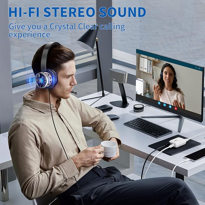 USB Headset with Microphone for PC, Computer Headset with Noise Canceling Microphone for PC Laptop, in Line Mute Controls, Wired Headset for Work from Home/Office/Call Center/Teams/Zoom
