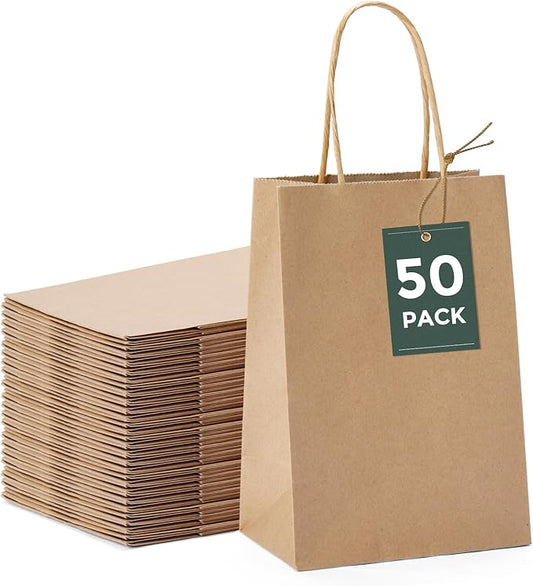 GSSUSA 5.25x3.75x8 50Pcs Brown Paper Bags,Small Gift Bags,Brown Paper Gift Bag for Small Business,Sturdy Kraft Paper Bags, Retail Shopping,Birthday,Candy