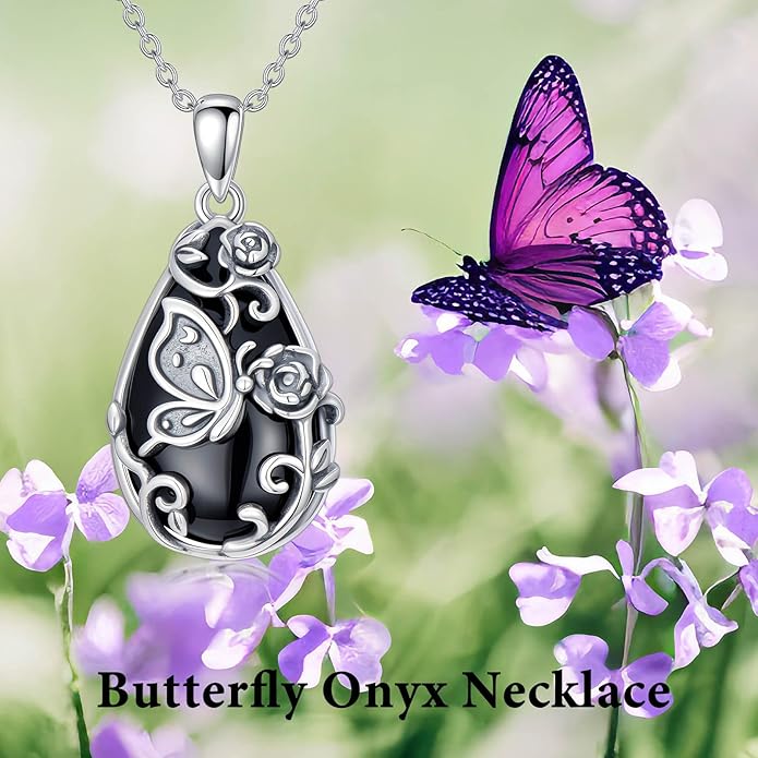 Black Onyx Necklace 925 Sterling Silver Flower Insect Pendant Teardrop Onyx Jewelry Valentines Day Birthday Gifts for Women