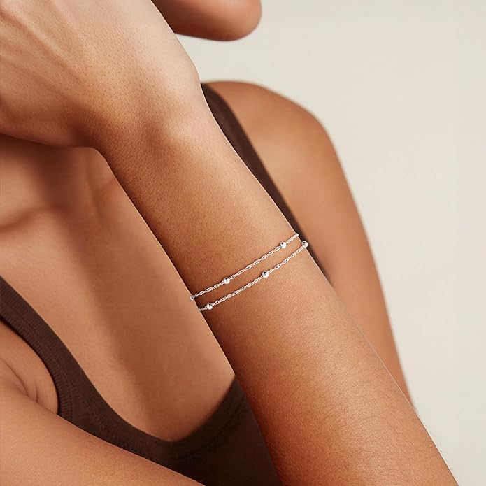 IEFWELL S925 Sterling Silver Bracelet for Women - 1.5mm Singapore Chain Bracelet, Dainty Double Strand Satellite Bead Bracelets, 6.5/7/7.5/8/8.5/9 Inches Jewelry Gifts for Women Her