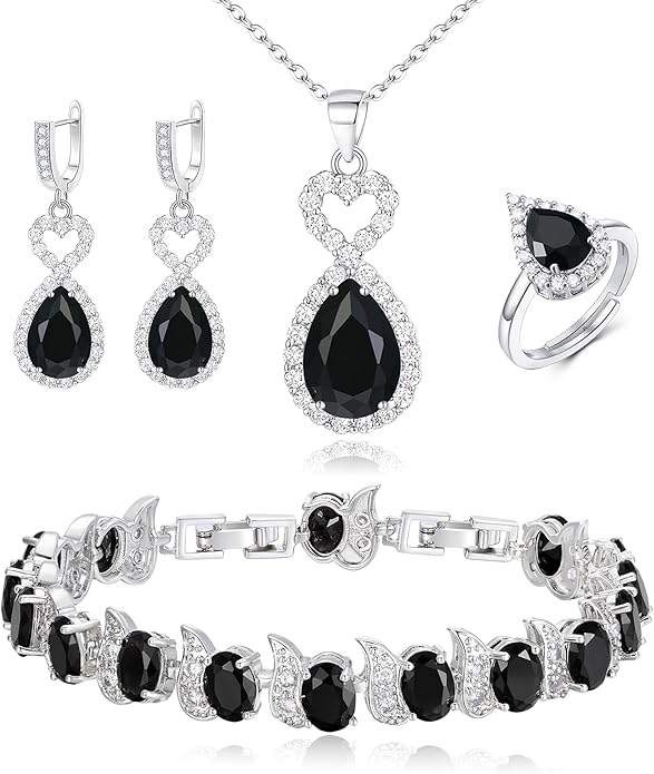 BriLove Wedding Jewelry Set for Women Bride Bridesmaid, Gorgeous Cubic Zirconia Teardrop Necklace Earrings Bracelet Adjustable Ring Jewelry Gift for Birthday/Anniversary/Mother’s Day