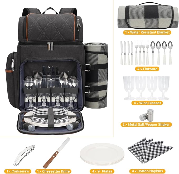 Picnic Backpack for 4, Picnic Basket Set, Leakproof Picnic Bag, Beach Cooler Backpack with Insulated Cooler Wine Pouch,Picnic Blanket, Double Deck Picnic Backpack for Beach,Camping,Park (Brown)