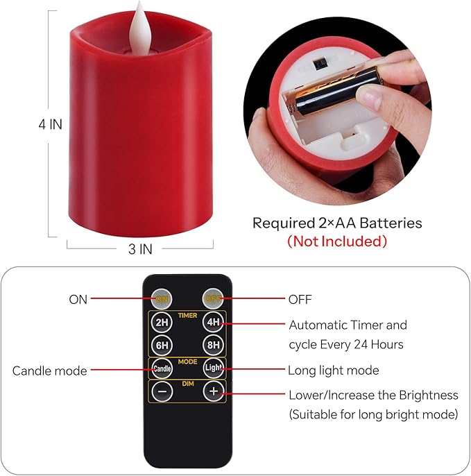 3x4 Flickering Flameless Candles,Real Wax Pillar led Candles Flickering,with Timer,4 inch Flameless Candles with Remote,for Party Wedding Holiday Home Decor,Red