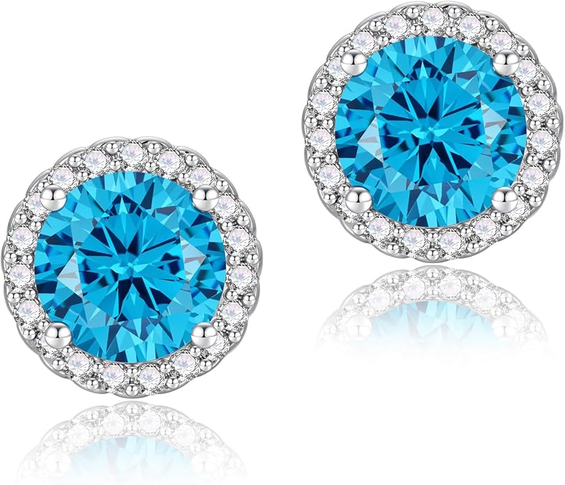 YOMELA Cubic Zirconia Earrings Studs, Halo CZ Birthstone Simulated Diamond Stud Earrings for Women