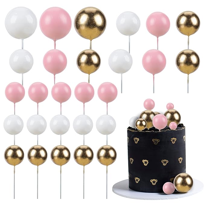 Gyufise 30Pcs Mini Balloon Cake Topper Foam Ball Cake Picks Cupcake Faux Pearl Balls DIY Cake Insert Topper Baking Decoration for Anniversary Graduation Birthday Party Baby Shower White Pink Gold