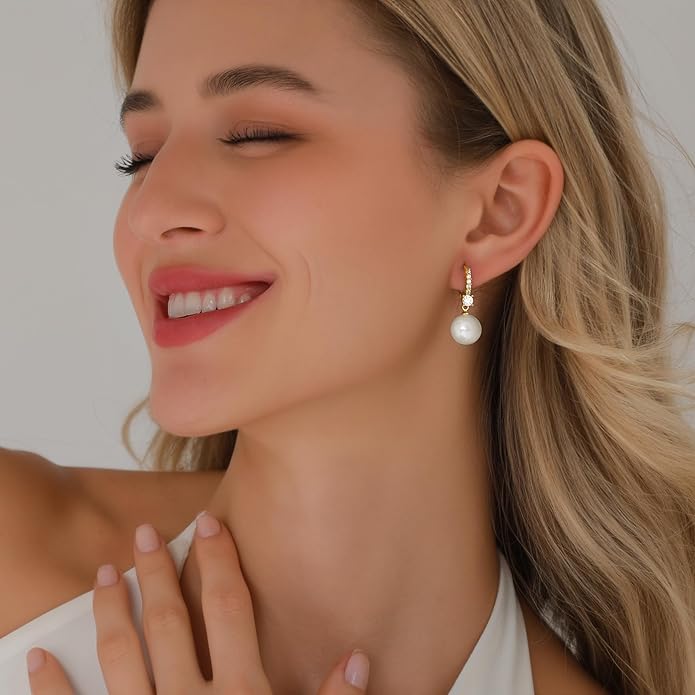 Pearl Earrings for Women 14K Gold Plated Hypoallergenic Pearl Earrings 5A Cubic Zirconia Dangle Earrings Elegant Jewelry