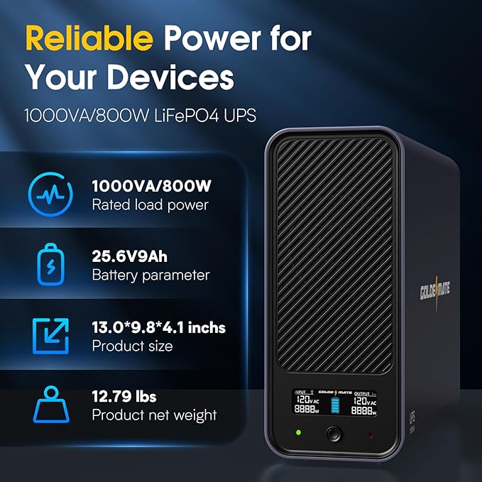 GOLDENMATE 1000VA/800W Lithium UPS Battery Backup and Surge Protector, Sinewave UPS System with LiFePO4 Battery(230.4 Wh), 2025 Upgraded Pro Ver. with Communication Port, 8 Outlets, LCD Display, Gray