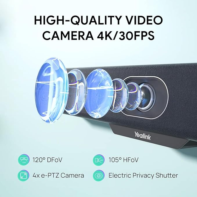 Yealink MeetingBar A10 Video Conference Room System 4K 120° Wide Angle Camera AI Auto Framing Conference Webcam with 8 Mics Arrays Speaker Tracking Noise Cancellation Teams Zoom Certified