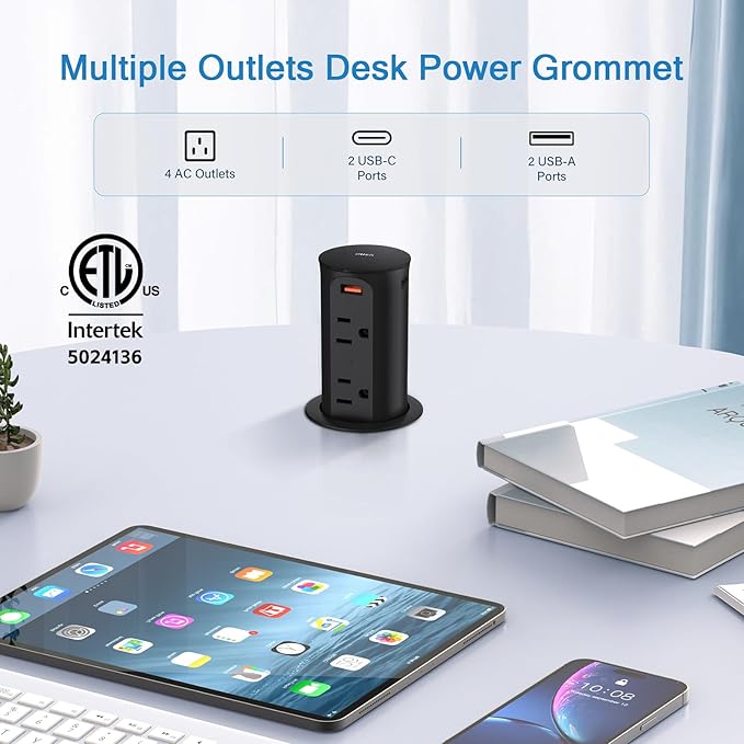 Pop up Outlet for Countertop,65W USB C Fast Charging Port,2.5-inch Hole Desktop Power Grommet,Recessed Power Strip,4 Outlets 4 USB Ports,15Amp Tamper Resistant Receptacle，ETL Listed (Black)