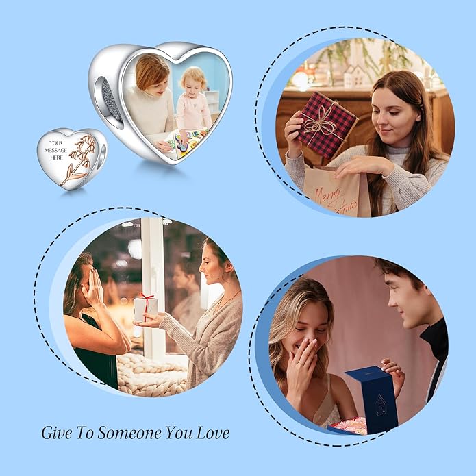 Annmors Personalized Photo Charm for Bracelet Necklaces,925 Sterling Silver Charm Love Heart Shaped Engraved Customize Picture Gift for Birthday Mother's Day Christmas,Bead Charms Jewelry for Women