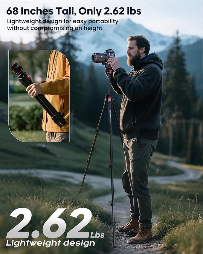 CAMBOFOTO 68" Lightweight Travel Camera Tripod with Ball Head, Compact Aluminum Tripod for DSLR/SLR, Compatible with Canon, Nikon, Binoculars, Telescope (Supports 8.8 lbs, Weighs 2.62 lbs)