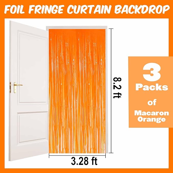 3 Pack Macaron Orange Foil Fringe Curtains Backdrop, 3.28 x 8.2 Ft Metallic Streamers Tinsel Curtains Background for Photo Booth, Birthday, Halloween, Christmas, New Year Party Decorations