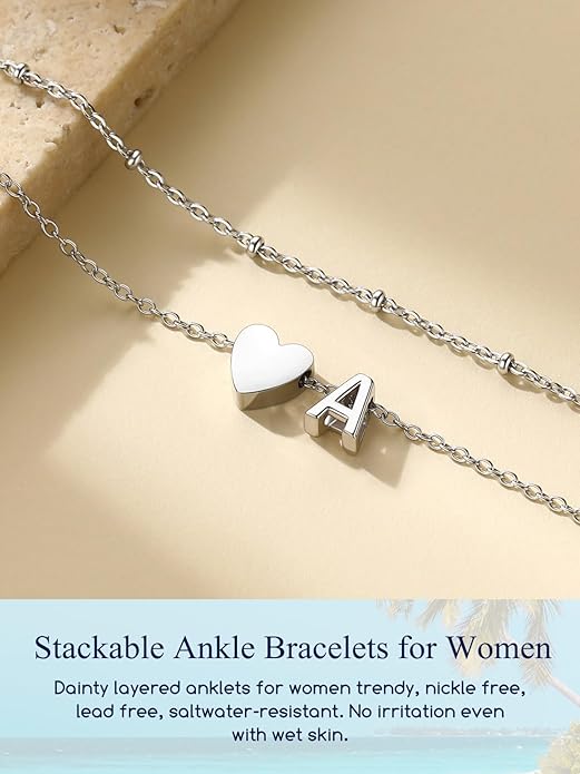 Suplight Stainless Steel Initial Ankle Bracelets for Women Layered Dainty Heart Anklet Beaded Anklets for Women Waterproof Plus Size Ankle Foot Chain Summer Essentials Jewelry(with Gift Box)