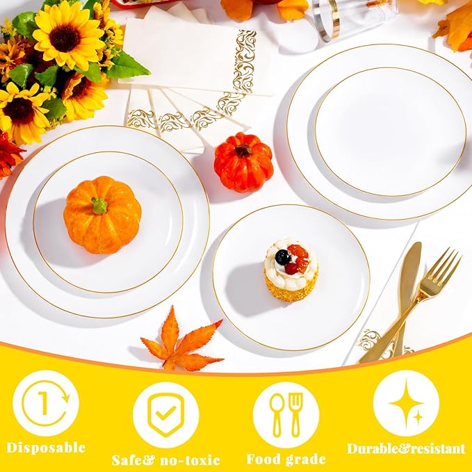 YOUBET 175PCS Gold Rimmed Plastic Plates - White and Gold Disposable Plates Includes 25 Dinner Plate, 25 Dessert Plate, 75Silverware, 25 Cups, 25 Napkins for Wedding & Party & Thanksgiving