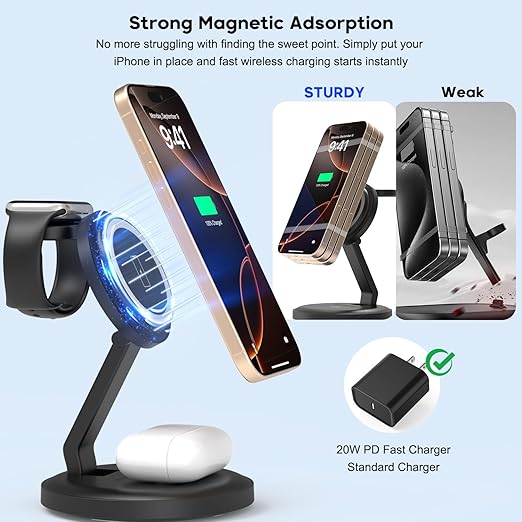 Charging Station, 3 in 1 Foldable Wireless Charger iPhone Charging Station Charger Stand Multiple Devices for Apple, with PD Adapter and USB C Cable for iPhone 17/16/15/14/13,iWatch,AirPods All Series