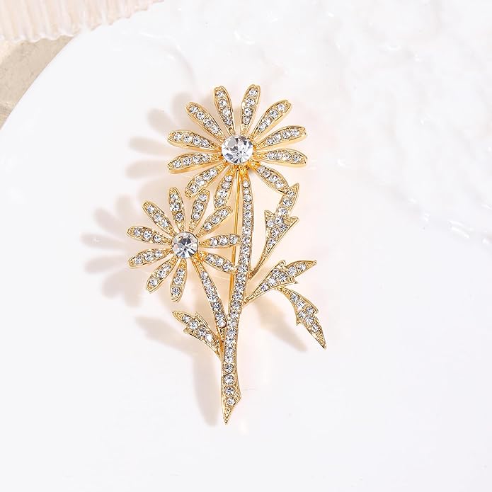 Crystal Brooch Vintage Floral Gold Pin Micro Pave Daisy/Tulip Rhinestone Embellishment for Women Holiday styles.