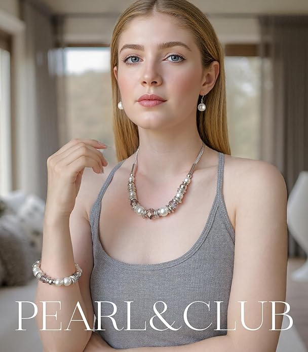 PEARL&CLUB Silver Beaded Statement Necklaces for Women Chunky Bead Necklace Bracelet and Earring Costume Jewelry Sets Gifts for Mom