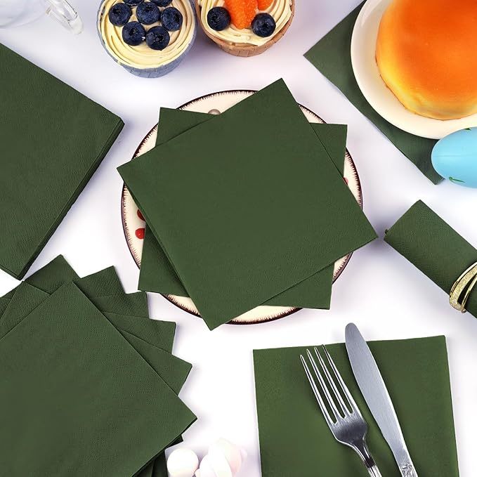 100 Pack Cocktail Napkins Disposable, 2-Ply 5" x 5" Party Napkins, Square Beverage Dinner Napkin for Wedding Birthday Party Anniversary Reception Bar Event (Dark Green)