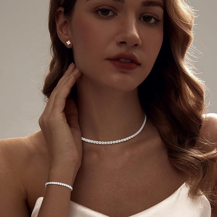 Tennis Necklace Bracelet for Women, Dainty Sterling Sliver Choker Necklace Crystal Link Bracelet Stud Earrings for Women Wedding Jewelry for Bride Jewelry Set Accessories