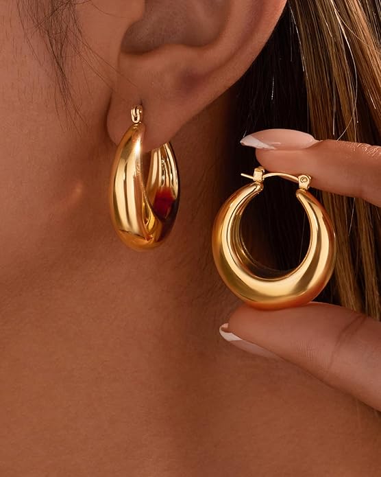 Chunky Gold Hoop Earrings for Women Stainless Steel Cute Fashion Hypoallergenic Earrings Minimalist Jewelry