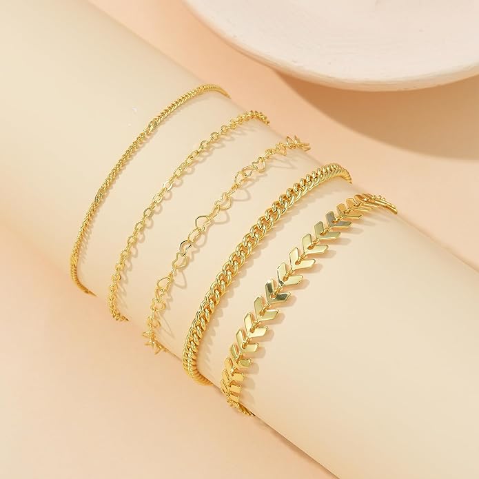 iF YOU Gold Ankle Bracelets for Women, 14k Gold Plated Waterproof Cuban Link Chain Anklets Set, Layered Anklet Bracelets for Women Beach Gift Adjustable Size 5pc