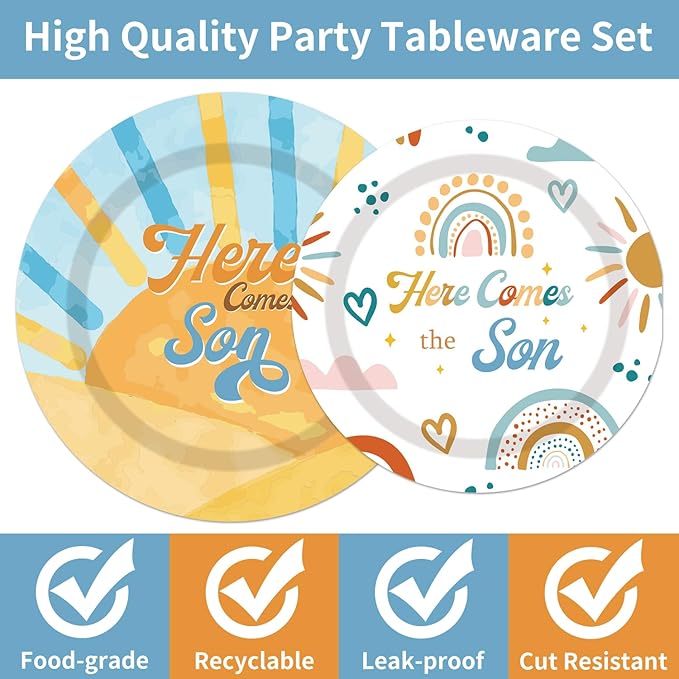 96PCS Here Comes The Son Plates and Napkins Party Supplies Here Comes the Son Baby Shower Decor Sunshine Baby Shower Decorations Boy Boho Sun Tableware Set for 24 Guests
