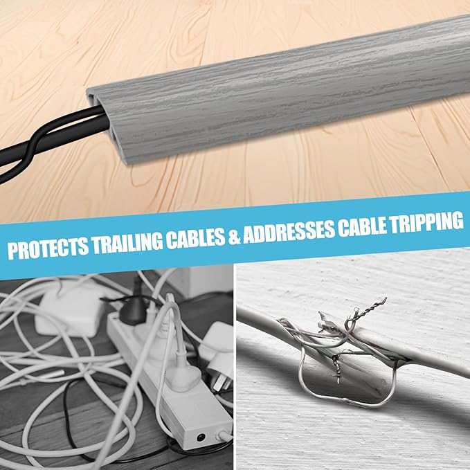 Floor Cord Cover Cavity 0.8"x0.37" Self Adhesive Cord Hider, 10FT Low Profile Cable Management, Extension Strip Protector for Wires, Prevent Cable Trips for Offices, Gyms, Exhibitions (Gray Wood)