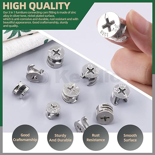 Keadic 100 Pcs 4 Sizes Cam Locks for Furniture, 3-in-1 Eccentric Wheels, Furniture Cam Lock Nuts Furniture Connecting Cam Lock Fittings Assortment Kit for Wardrobe Drawer Closets Bed