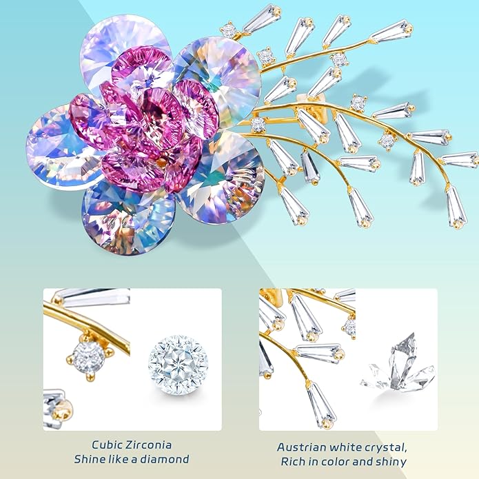 Brooches For Women,14k Gold Plated Copper,Crystal Roselle Cubic Zirconia Brooch Pins For Women ，Crystal Broach,Flower Broach