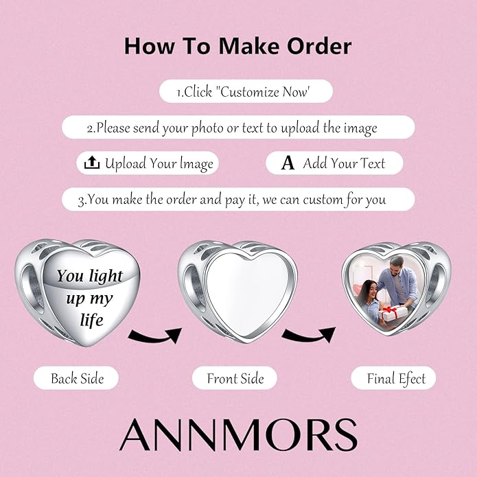 Annmors Personalized Photo Charms For Bracelets/Necklace 925 Sterling Silver Love Heart Shaped Engraved Customize Picture Gift for Birthday Mother's Day,Bead Charms Jewelry for Women