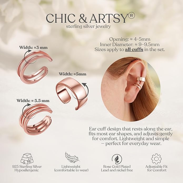 CHIC & ARTSY 925 Sterling Silver Ear Cuffs for Women, Non Piercing Clip On Cartilage Cuffs, Adjustable Fake Conch & Helix Earrings, Gold Plated & Oxidized Various Styles
