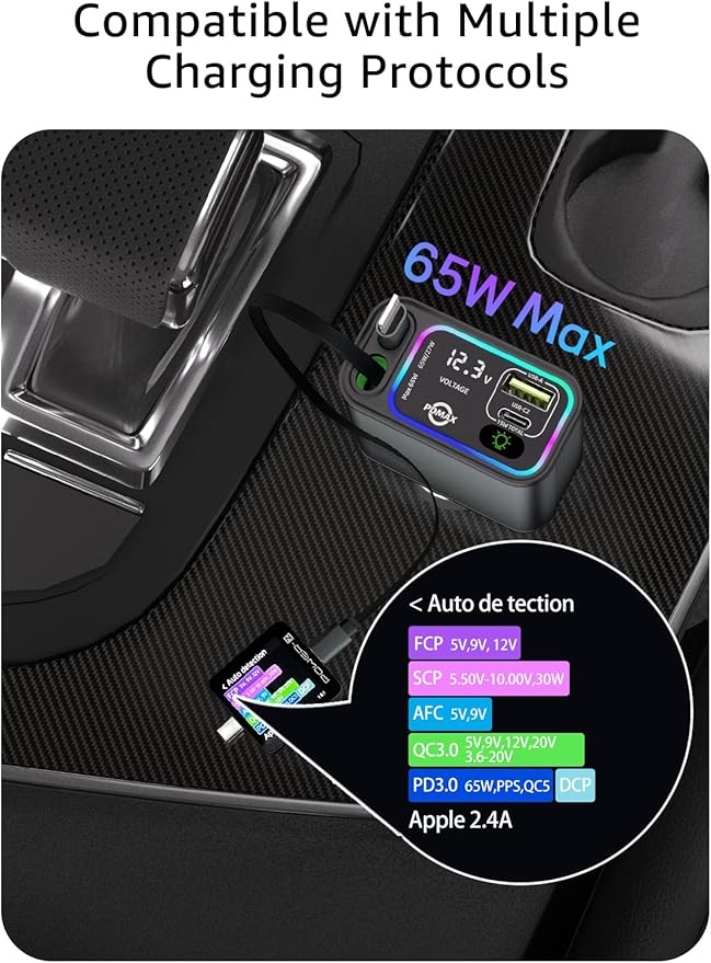 Retractable Car Charger USB C,107W Type C Car Charger Fast Charging with Dual Retractable Cable and USB Ports, Compatible with iPhone 16/15/14/13,S25/24/23/22, Pixel 9/8/7