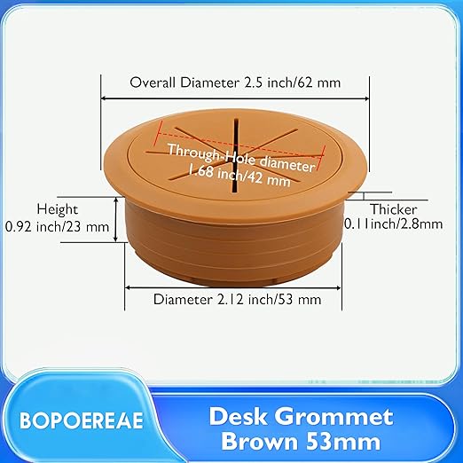 Desk Grommet 2-1/16" (53 mm), Desk Hole Cover for Cables Brown, Cable Grommet ABS Plastic, Desk Hole Grommet for Office and Home Table Cable, Detachable & Flexible Cable Cord Organizer-2 Pcs