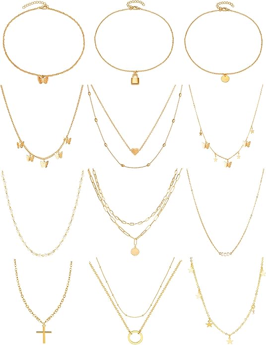 12pcs Chain Gold Bead Necklace Coin Moon Star Pearl Pendant Chain Choker Multilayer Necklace Leather Cord Set for Women Men Adjustable Gold Tone