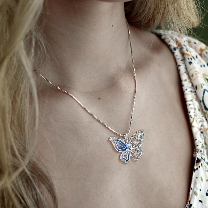 Aurora Tears 925 Sterling Silver Butterfly Flower Pendant Necklace - Colorful Enamel Zircon Adjustable Chain Jewelry Gift for Women Her