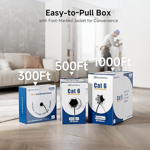 Cable Matters [UL Listed] 10Gbps in-Wall Riser Rated (CMR) 23AWG Bare Copper Cat6 Ethernet Cable - 1000ft, Cat 6 Ethernet Cable Spool, Cat 6 Cord Bulk, White