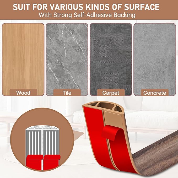 Floor Cord Cover Self Adhesive Cord Hider Floor Extension Cord Covers for Floor Power Cord Protector Cable Management Prevent Cable Trips Cable Cavity 0.51" W x 0.31" H (Smoked Brown Wood, 10Ft)