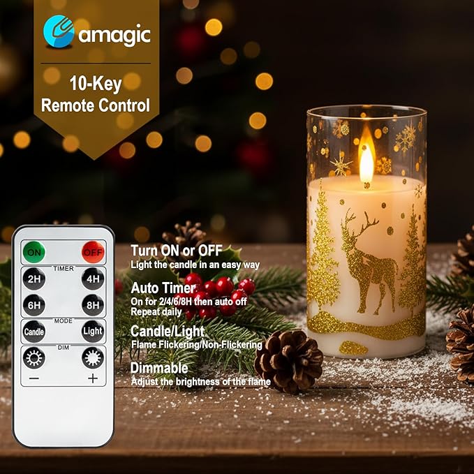 Amagic Christmas Flameless Candles with Remote and Timer, Glass Battery Operated Candles, Real Wax Electric LED Pillar Candles with Gold Deer for Thanksgiving Decor, Set of 3
