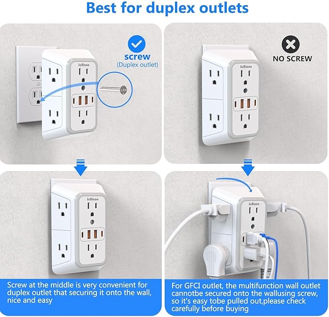 2 Pack Wall Charger, Surge Protector 6 Outlet Extender Multi Plug Wall Outlets with 4 USB Charging Ports (2 USB C Outlet) 3 Sided 1050J Power Strip Wall Adapter Spaced for Home Travel Office