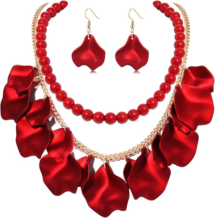 Flower Petal Necklace Earrings Set Layered Statement Beaded Jewelry Set for Women Summer Necklace Earrings