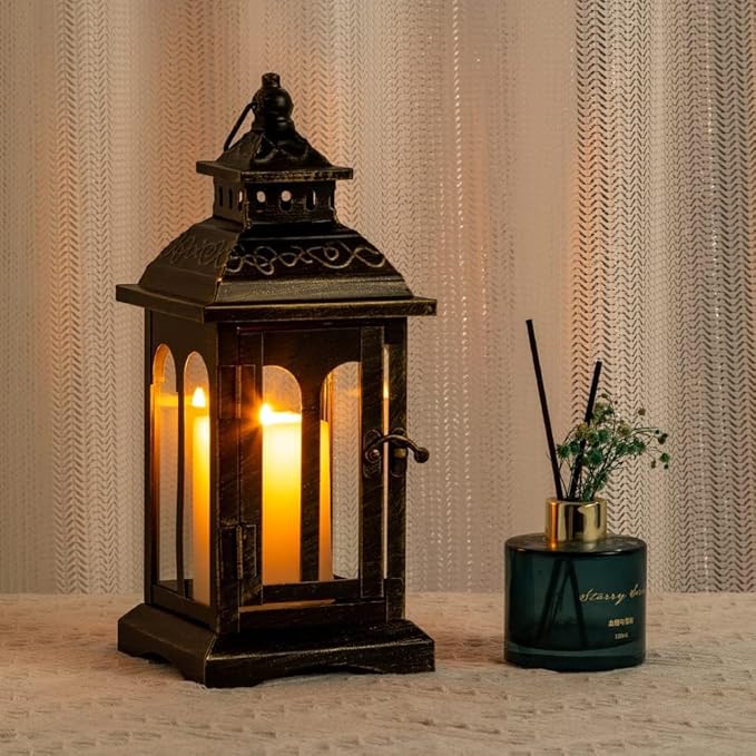 DECORKEY Candle Lantern Decorative Indoor & Outdoor, Christmas Vintage Metal Hanging Lanterns Decor for Front Porch Home Patio Wedding Party, Halloween Decorations (Black with Copper Brush)