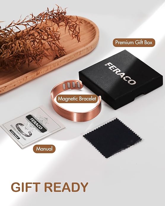 Feraco Copper Bracelet for Men, 5X Ultra Strength Magnetic Cuff Bangle with 5000 Gauss Neodymium Magnets, 99.99% Pure Copper Jewelry Gift, Adjustable