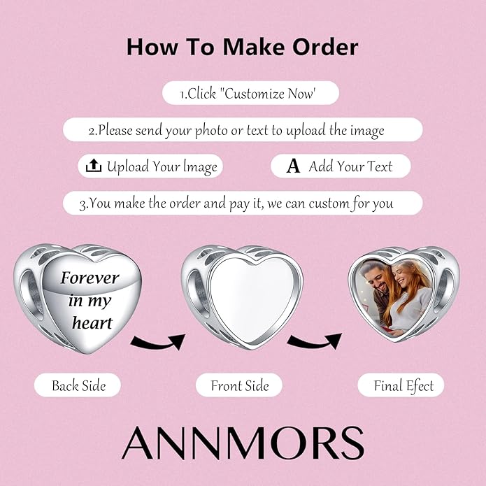 Annmors Personalized Photo Charms For Bracelets/Necklace 925 Sterling Silver Love Heart Shaped Engraved Customize Picture Gift for Birthday Mother's Day,Bead Charms Jewelry for Women