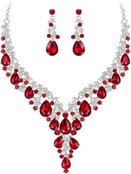 BriLove Women's Wedding Bridal Austrian Crystal Teardrop Flower Cluster Statement Necklace Dangle Earrings Jewelry Set for Party Prom