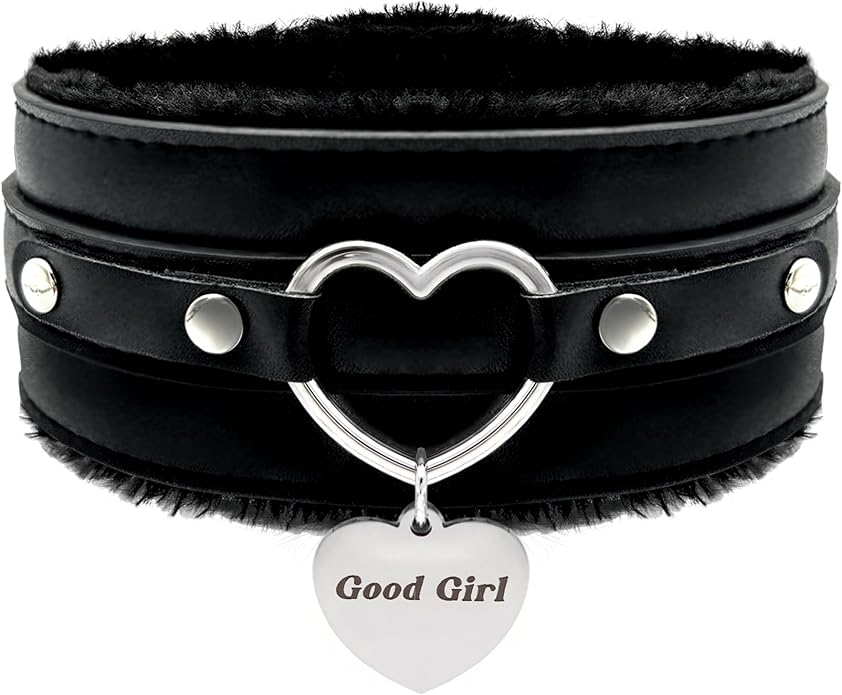 paloli Furry Heart Leather Choker Collar for Women – Personalized Engraved Heart Pendant, Handmade Adjustable Faux Fur Necklace, Cute Gothic Fashion Jewelry